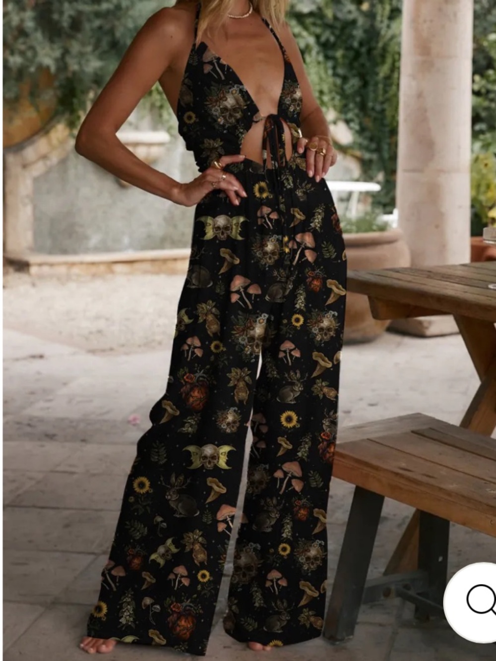 Coramoon Floral & Skull Halter Maxi Jumpsuit in Black